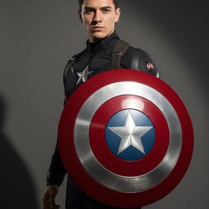 May include: A person wearing a black and navy blue uniform with a silver star emblem on the chest and shoulder. The person is holding a red, white, and blue shield with a silver star in the center. The shield is approximately 24 inches in diameter.