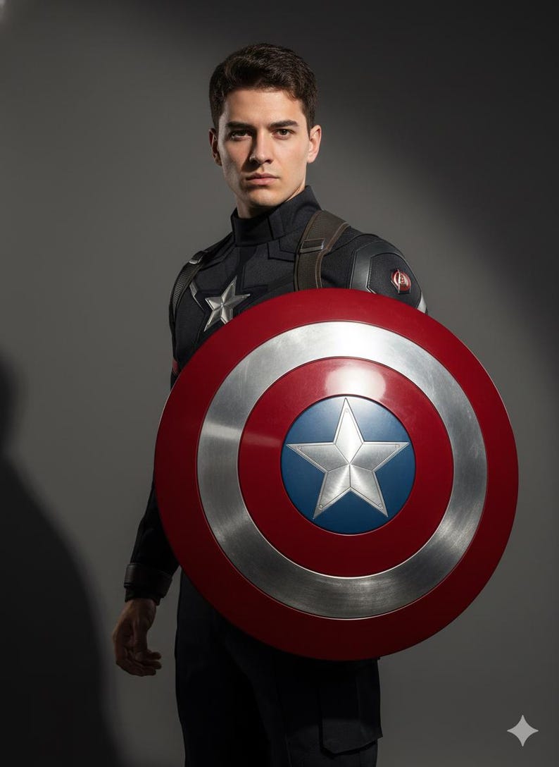May include: A person wearing a black and navy blue uniform with a silver star emblem on the chest and shoulder. The person is holding a red, white, and blue shield with a silver star in the center. The shield is approximately 24 inches in diameter.