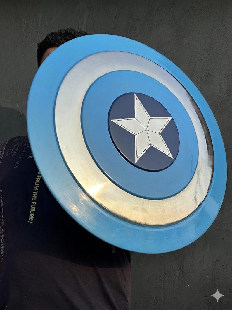 May include: A circular shield in shades of blue, silver, and white. The design includes a central white star and concentric rings. The outer edge is light blue. The shield's diameter is approximately 76 cm.