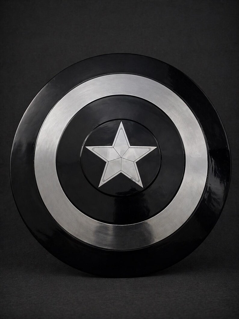 Puede incluir: Un escudo negro y plateado con una estrella blanca en el centro. El escudo tiene forma circular, con un anillo plateado alrededor de un centro negro. El borde exterior es negro y brillante. Un accesorio o art&iacute;culo de colecci&oacute;n.