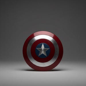 May include: A red, white, and blue Captain America shield. The shield is circular with a silver outer ring, a red inner ring, and a blue center with a silver star. A classic superhero accessory.