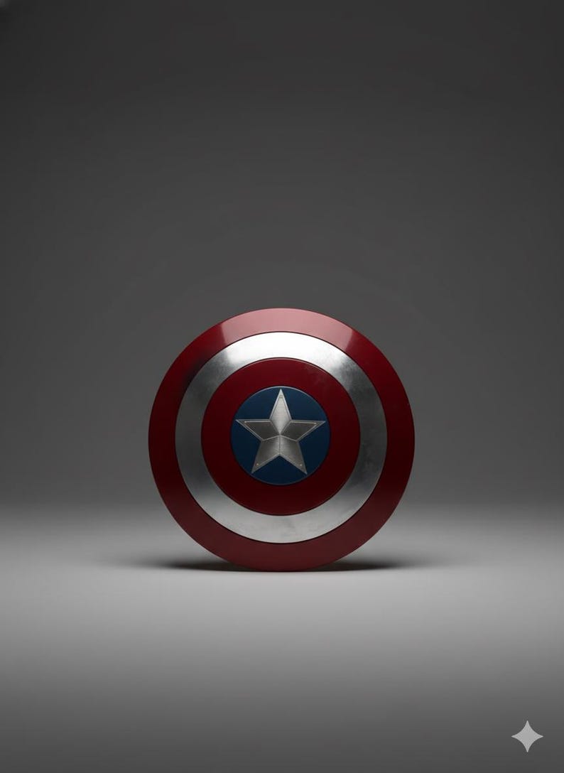 May include: A red, white, and blue Captain America shield. The shield is circular with a silver outer ring, a red inner ring, and a blue center with a silver star. A classic superhero accessory.