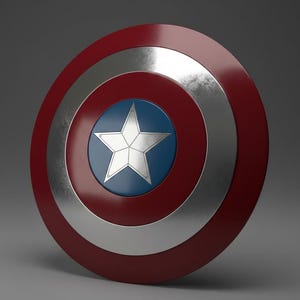 May include: A red, white, and blue shield with a star in the center. The shield has a metallic silver ring and a blue circle in the middle, with a white star. The outer ring is red.