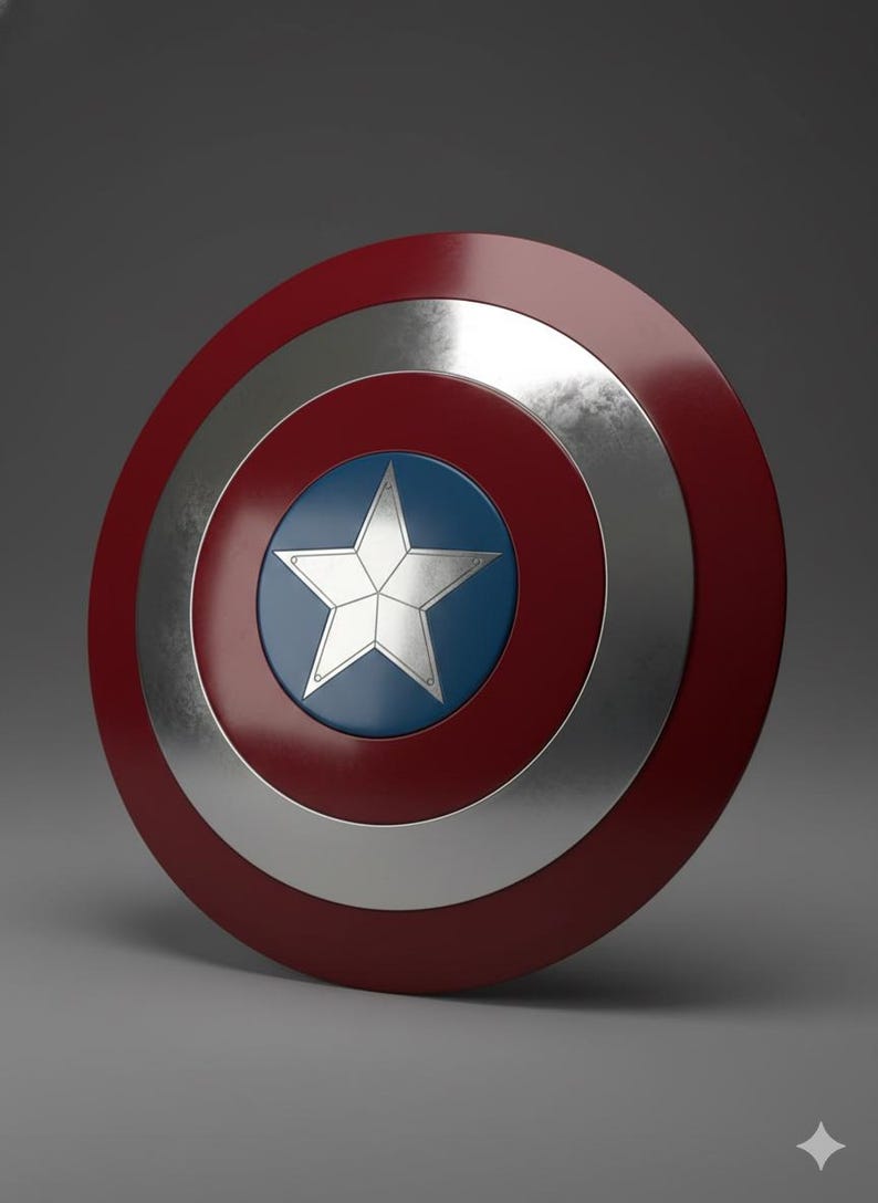 May include: A red, white, and blue shield with a star in the center. The shield has a metallic silver ring and a blue circle in the middle, with a white star. The outer ring is red.
