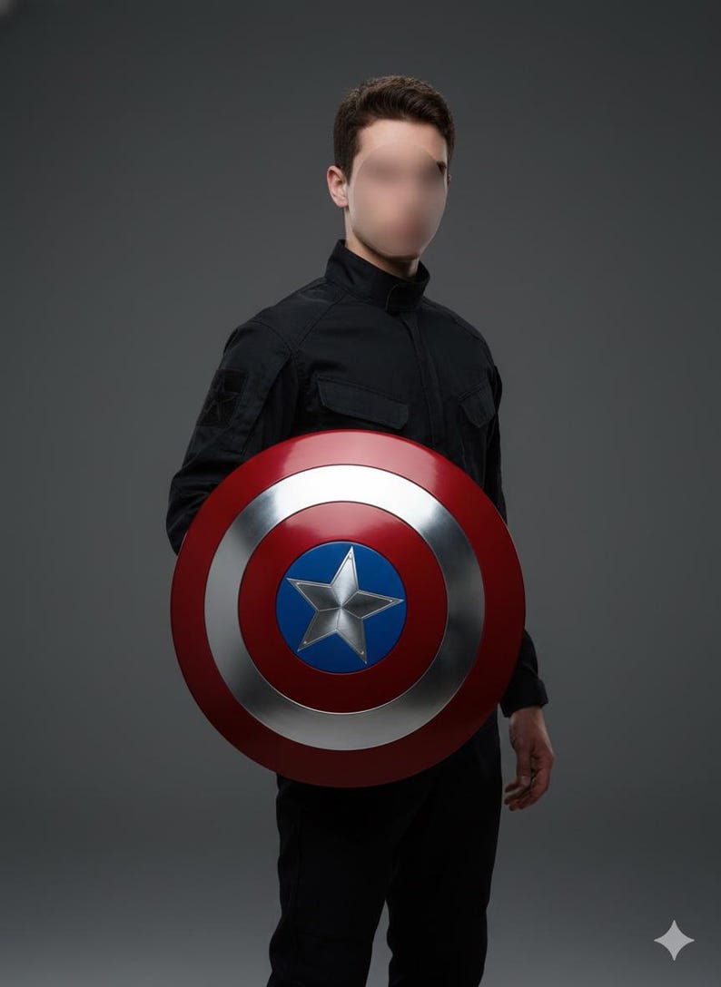 May include: A round shield with a red outer ring, a silver inner ring, and a blue center featuring a white star. The shield is held by a person wearing a black jacket and pants.