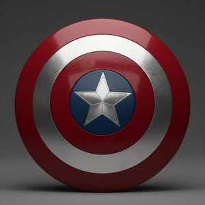 May include: A red, white, and blue shield with a silver star in the center. The shield has a circular design with a silver ring separating the red and blue sections. A classic superhero accessory.