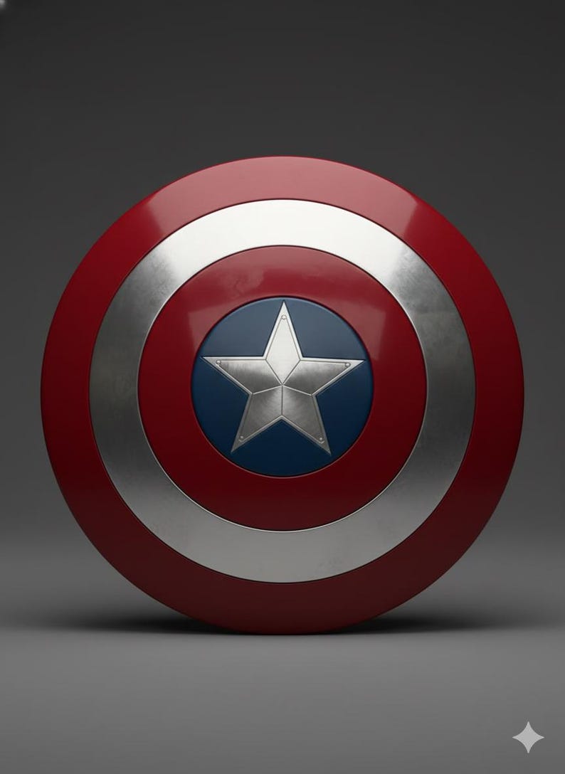 May include: A red, white, and blue shield with a silver star in the center. The shield has a circular design with a silver ring separating the red and blue sections. A classic superhero accessory.