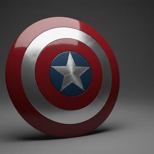 May include: A red, white, and blue shield with a silver star in the center. The shield has a circular design with concentric rings of red, silver, and blue. A classic superhero accessory.