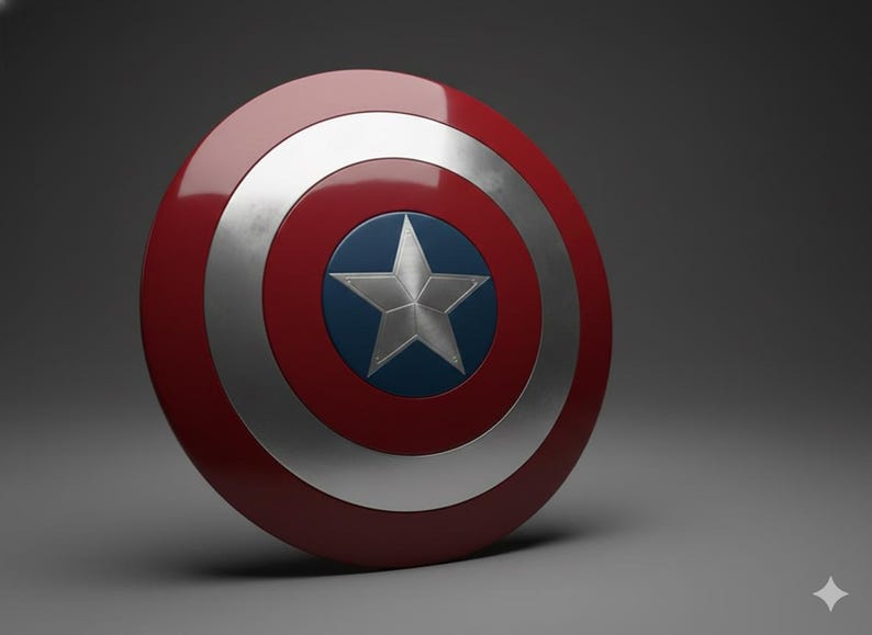 May include: A red, white, and blue shield with a silver star in the center. The shield has a circular design with concentric rings of red, silver, and blue. A classic superhero accessory.