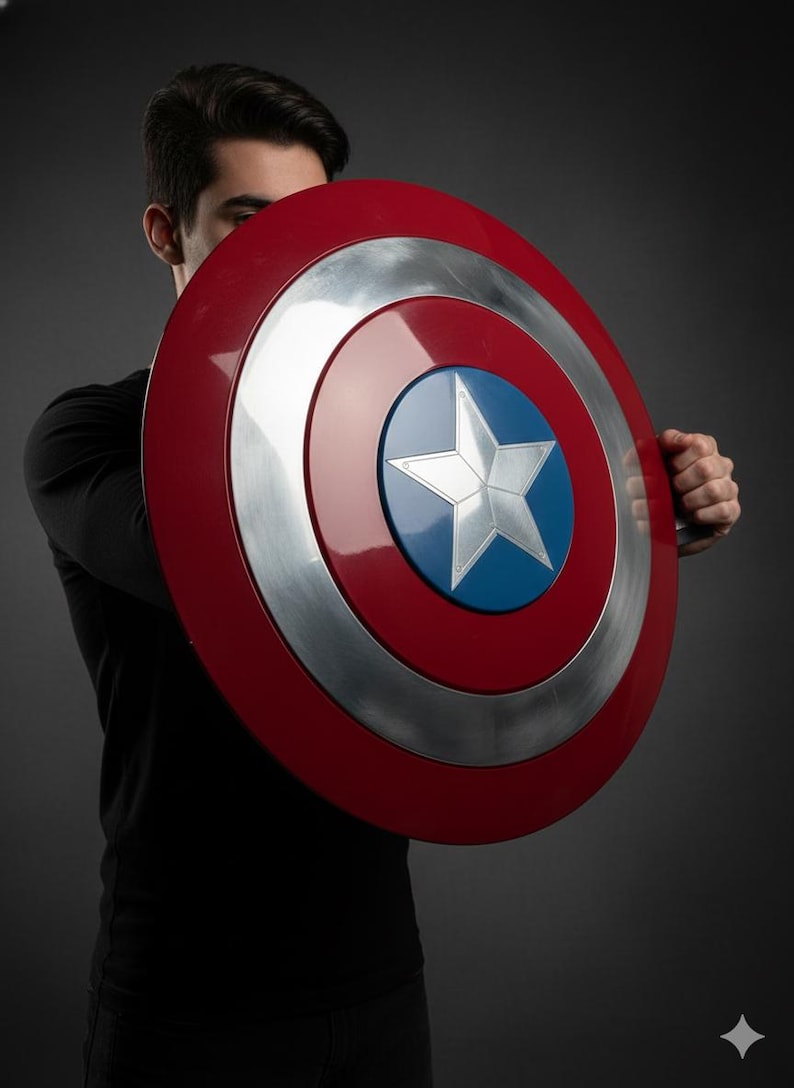 May include: A red, silver, and blue shield with a white star in the center. The shield is round with a red outer ring, a silver middle ring, and a blue center. The shield is held in front of a person.