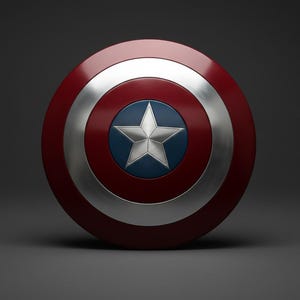 May include: A Captain America shield replica. The shield is round with a red outer ring, a silver inner ring, and a blue center with a silver star. The shield is a symbol of heroism and patriotism.