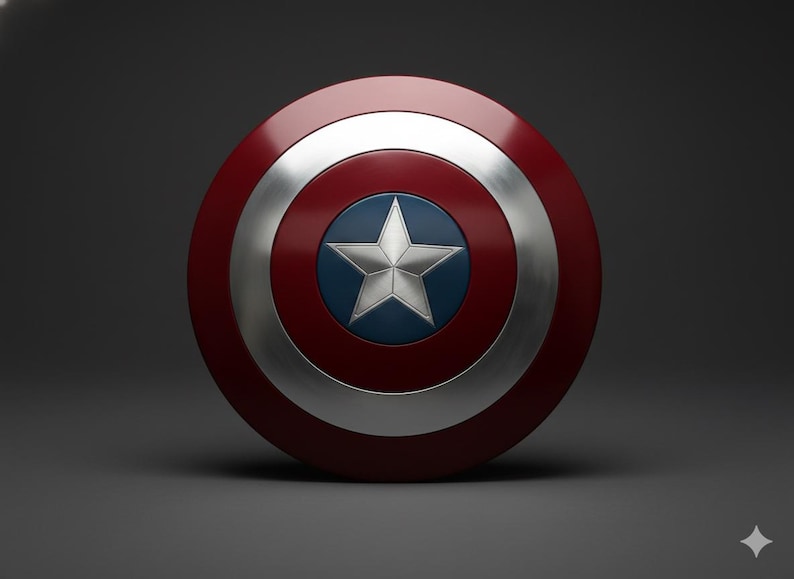 May include: A Captain America shield replica. The shield is round with a red outer ring, a silver inner ring, and a blue center with a silver star. The shield is a symbol of heroism and patriotism.