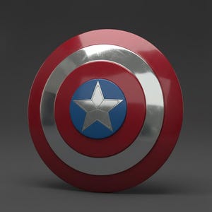 May include: A red, white, and blue Captain America shield. The shield is circular with a silver ring and a blue center featuring a silver star. The shield is a classic superhero accessory.