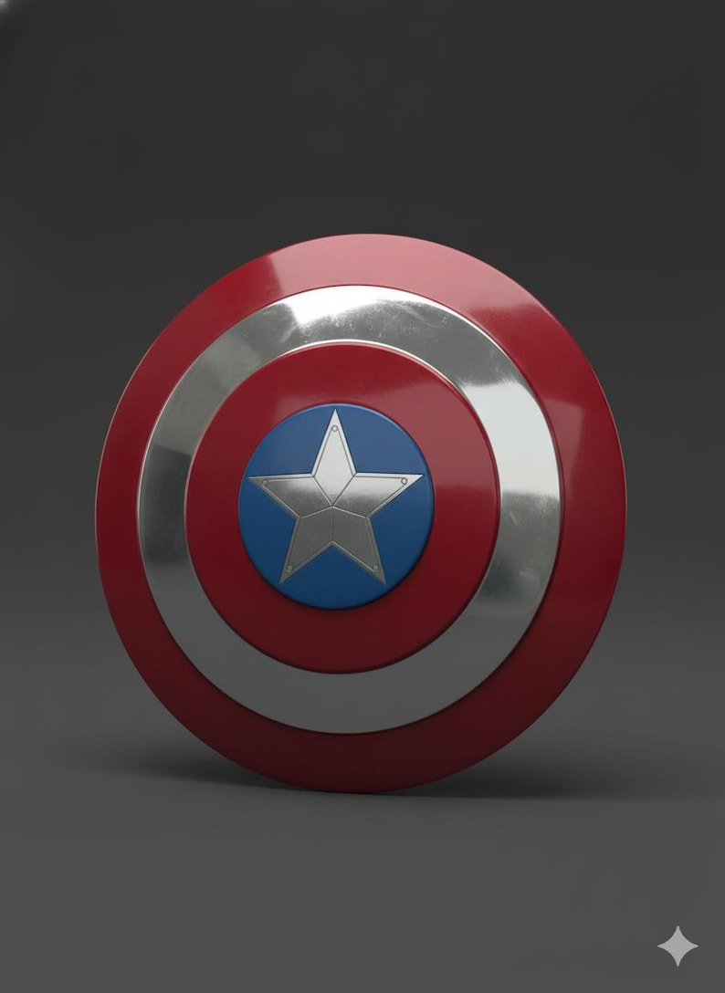 May include: A red, white, and blue Captain America shield. The shield is circular with a silver ring and a blue center featuring a silver star. The shield is a classic superhero accessory.