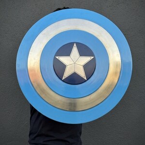 May include: A circular shield in shades of blue, silver, and gold, featuring a white star at its centre. The shield has a series of concentric rings and is a prop or collectible. The shield is held in front of a person.