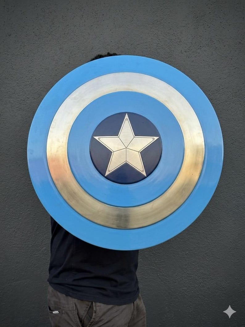 May include: A circular shield in shades of blue, silver, and gold, featuring a white star at its centre. The shield has a series of concentric rings and is a prop or collectible. The shield is held in front of a person.