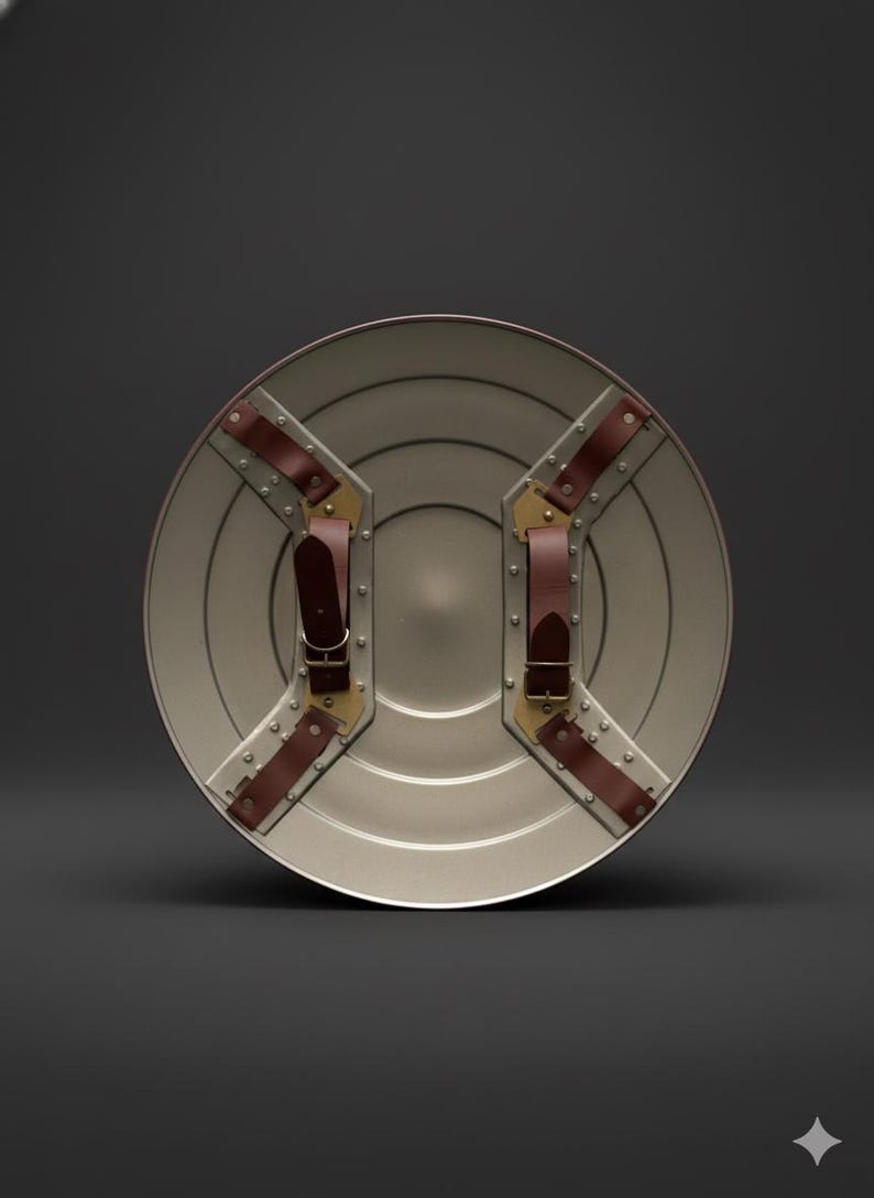 May include: A silver-colored, round shield with brown leather straps and brass-colored metal accents. The shield has a series of concentric circles and rivets. The straps are attached to the back of the shield.