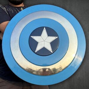 May include: A Captain America shield in blue, silver, and white. The shield has a series of concentric circles with a white star at the centre. This is a prop or collectible item.