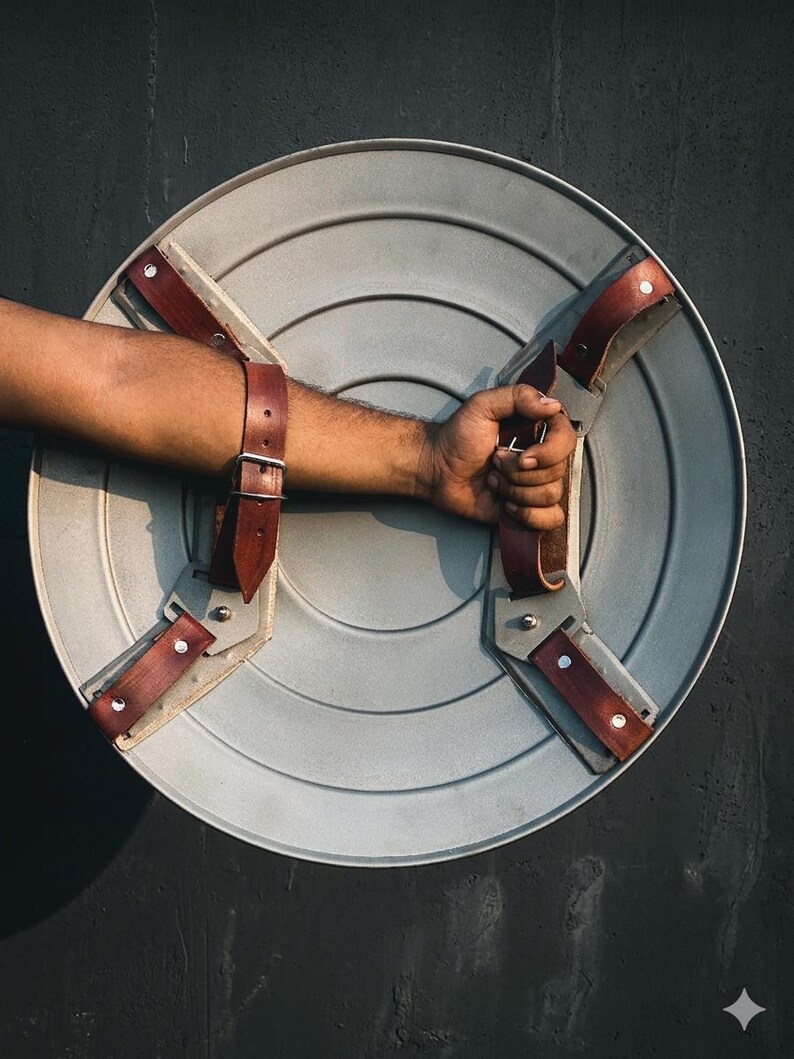 May include: A silver shield with brown leather straps and a handle. The shield has a circular design with concentric lines. The straps are riveted to the shield. The shield is held by a person's arm.