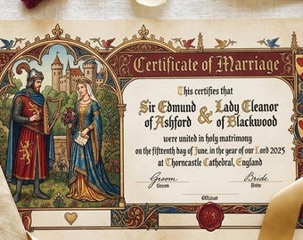 Medieval Wedding Certificate Template, Illuminated Manuscript Style Marriage Keepsake (Digital Download)