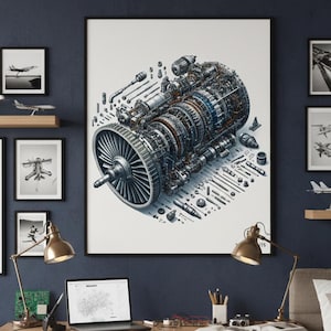 Jet Engine Art Printable: Technical Blueprint, Exploded View, Mechanical Engineering