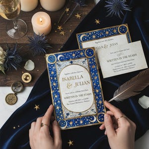 Celestial Wedding Invitation Template – Medieval Manuscript, Starry Night, Dark Romance (Canva)
