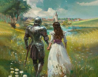 Coppia di cavalieri medievali / Dipinto ad olio fantasy d'amore, cavaliere e regina (download digitale)