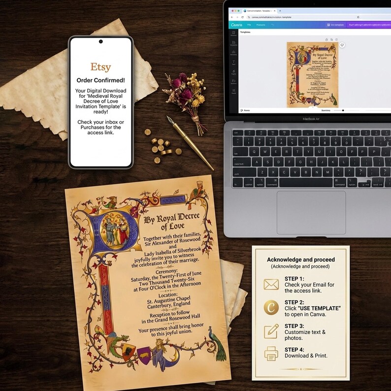 Medieval Wedding Invitation | Printable A4 Vintage Royal Invitation | Editable Canva Template | image 8