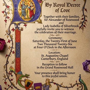 Può includere: Un invito di nozze ornato con illustrazioni e calligrafia in stile medievale. L'invito presenta il testo "By Royal Decree of Love" e i dettagli sulla cerimonia, tra cui data, ora e luogo a Canterbury, in Inghilterra.