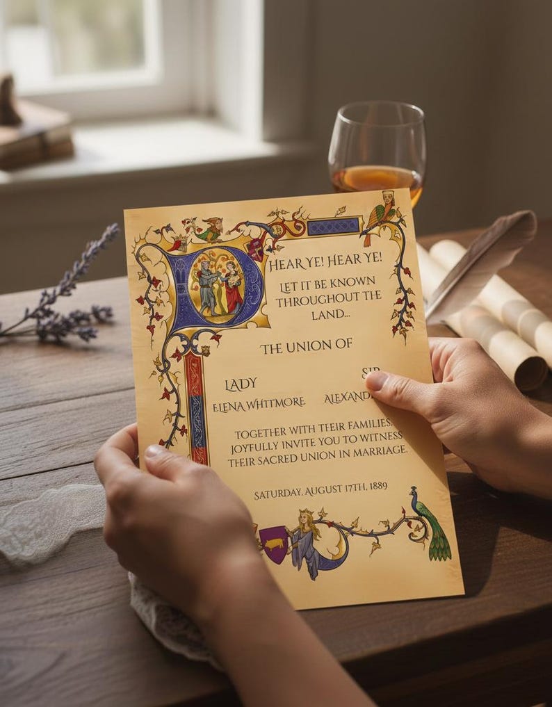 May include: A vintage-style wedding invitation with ornate calligraphy and illustrations. The invitation reads "Hear Ye! Hear Ye!" and announces the union of Lady Elena Whitmore and Alexander. The date is Saturday, August 17th, 1889.