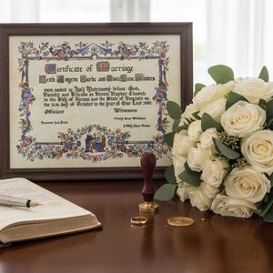 Puede incluir: Un certificado de matrimonio enmarcado con bordes florales ornamentados, un ramo de rosas blancas con hojas verdes, un sello de lacre de madera oscura, un anillo de oro, un sello de cera y un libro abierto con una pluma estilográfica.