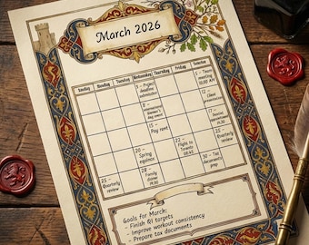 Medieval Monthly Planner Canva Editable  | Dark Academia Gothic Schedule (Printable)