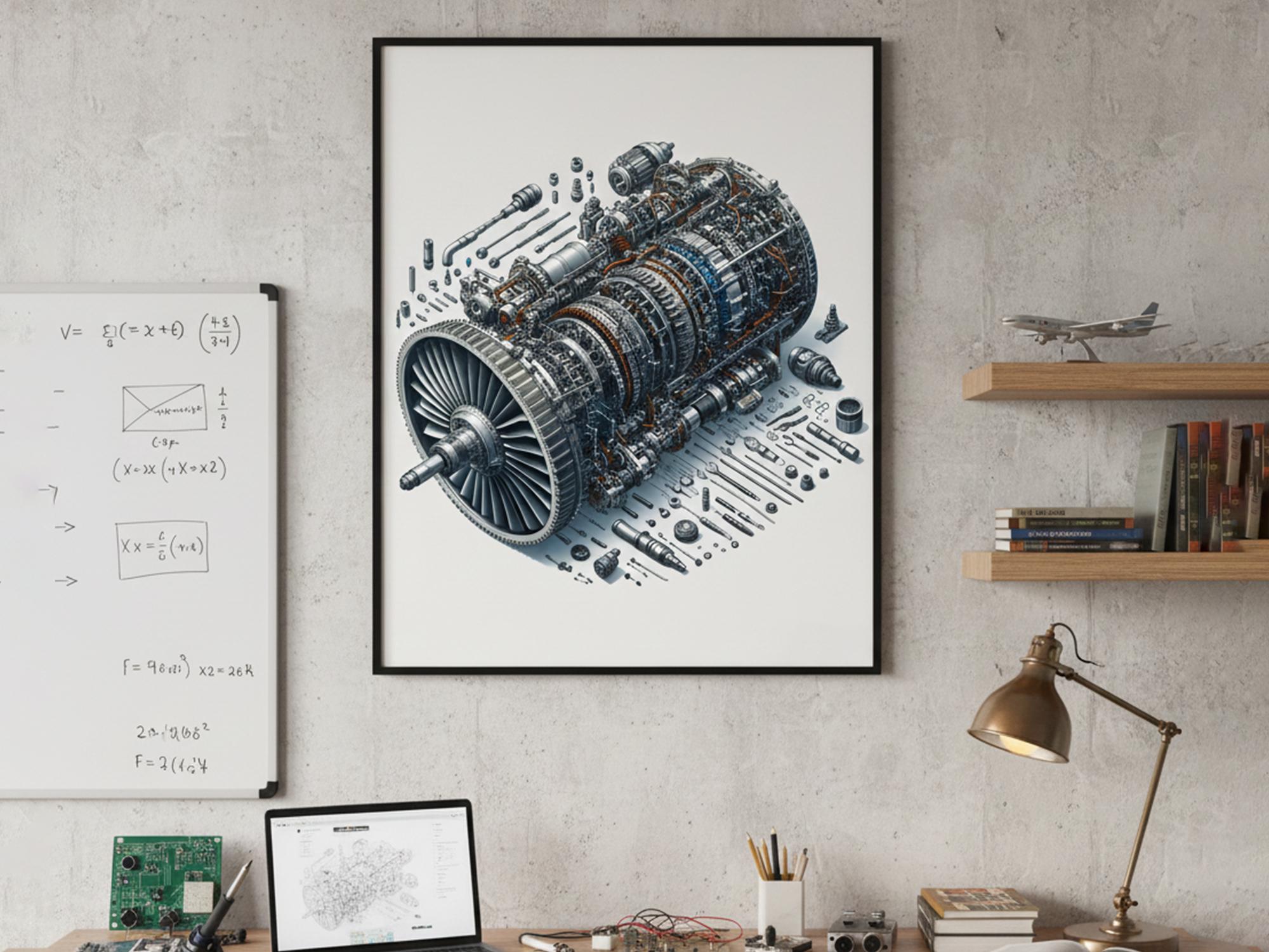 Jet Engine Art Printable: Technical Blueprint, Exploded View ...
