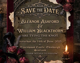 Medieval Save the Date Card | Gothic Wedding Announcement Canva Template | Dark Fantasy Printable | Castle Wedding