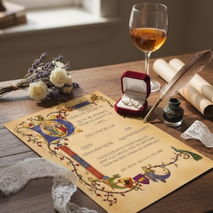 May include: A wedding invitation with ornate calligraphy, featuring the text "Hear Ye! Hear Ye!" and the names of the couple. The scene includes a red ring box with rings, a glass of amber liquid, a quill, and a bouquet of white roses.