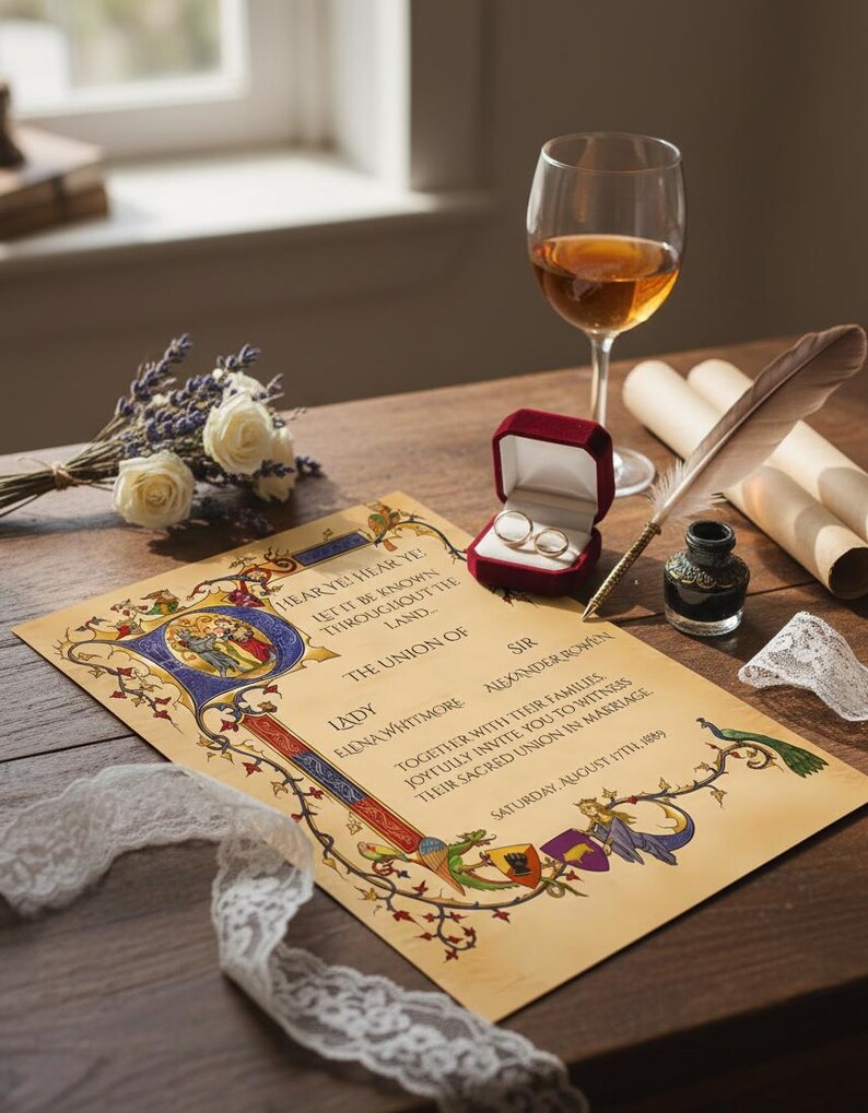 May include: A wedding invitation with ornate calligraphy, featuring the text "Hear Ye! Hear Ye!" and the names of the couple. The scene includes a red ring box with rings, a glass of amber liquid, a quill, and a bouquet of white roses.
