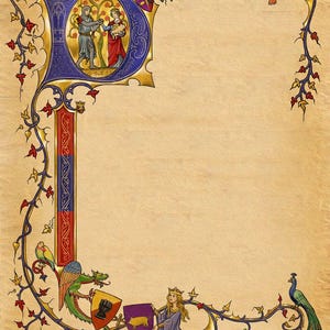 May include: An illuminated manuscript page with a parchment background. The border features intricate gold, blue, red, and green illustrations of figures, birds, and foliage. A large initial letter 'D' contains a scene of two figures. A peacock and a dragon are also depicted.
