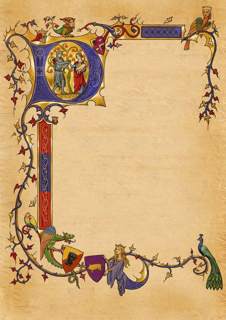May include: An illuminated manuscript page with a parchment background. The border features intricate gold, blue, red, and green illustrations of figures, birds, and foliage. A large initial letter 'D' contains a scene of two figures. A peacock and a dragon are also depicted.