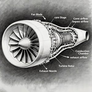 Afdrukbare straalmotorkunst: technische blauwdruk, exploded view, werktuigbouwkunde