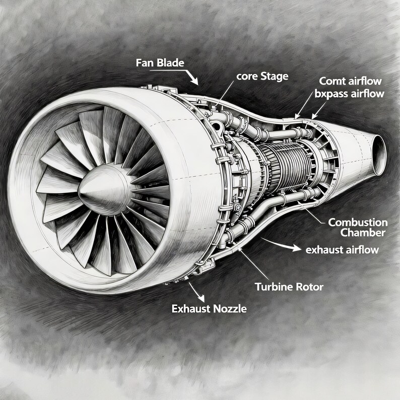 Jet Engine Art Printable: Technical Blueprint, Exploded View ...