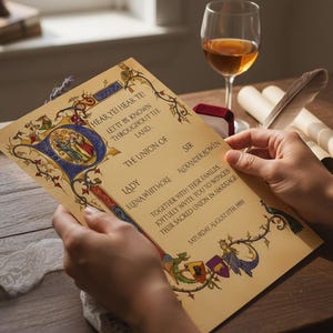 May include: An ornate wedding invitation with calligraphy text, held by hands. The invitation features decorative borders, heraldic symbols, and the words "HEAR YE! HEAK TE!" and "THE UNION OF". A glass of amber liquid and a ring box are in the background.