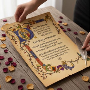 Könnte beinhalten: Eine verzierte Hochzeitseinladung mit aufwendiger Kalligraphie und Illustrationen. Der Text lautet "Hear Ye, Dear Ye!" und kündigt eine Hochzeit am Vorabend der Sommersonnenwende im Jahr 14882 an. Die Einladung ist mit floralen und heraldischen Elementen verziert.