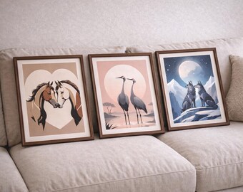 Impressions d'animaux de la forêt, cheval, grue, loup, art lunaire (téléchargement numérique)