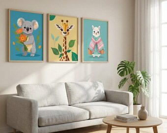 Safari animaux, girafe, koala, alpaga, décoration de chambre d'enfant (téléchargement numérique)