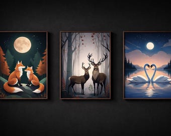 Impressions d'animaux de la forêt, renard, cerf, cygne, oeuvre d'art murale pour chambre d'enfant (téléchargement numérique)