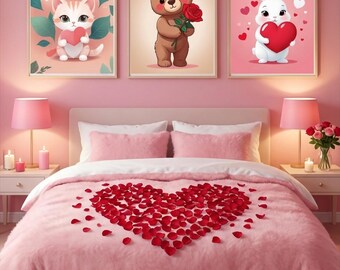 Impressions pour chambre de la Saint-Valentin, lapin ours chat, décoration pour chambre d'enfant (téléchargement numérique, lot de 3)