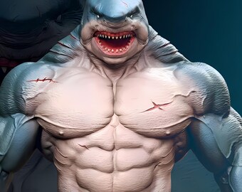 Savage Shark Warrior STL – Ocean Monster 3D Print Figurine – Muscular Sea Beast Statue