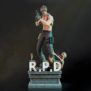 Puede incluir: Figura detallada de un personaje de la serie de videojuegos Resident Evil. La figura es de un hombre sosteniendo una pistola, de pie sobre una base con las letras "R.P.D.". La base tiene un zombi que se estira hacia arriba. La figura mide aproximadamente 30 cm de altura.