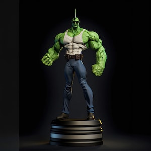 May include: A green, muscular figurine of a superhero wearing a white tank top, blue pants, and sunglasses. The figure stands on a black and silver pedestal. The character has a mohawk and a determined expression.