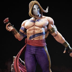 Pode incluir: Uma figura musculosa com cabelo loiro comprido e uma máscara prateada segura uma rosa vermelha. A figura usa calças roxas, uma faixa vermelha e braceletes dourados. Marcas azuis adornam o peito e os braços. É uma estátua.